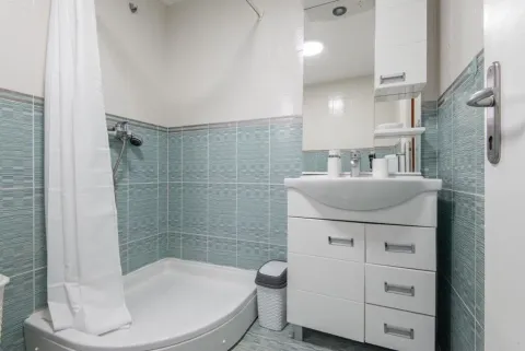 Manje kupatilo sa tuš kabinom, umivaonikom i bijelim ormarićem sa ogledalom. - image 11
