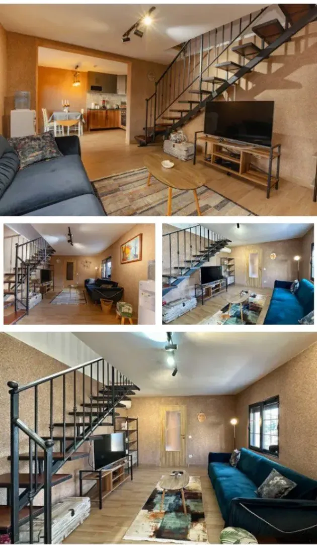 A photo collage showing the living room with a staircase and dining area.