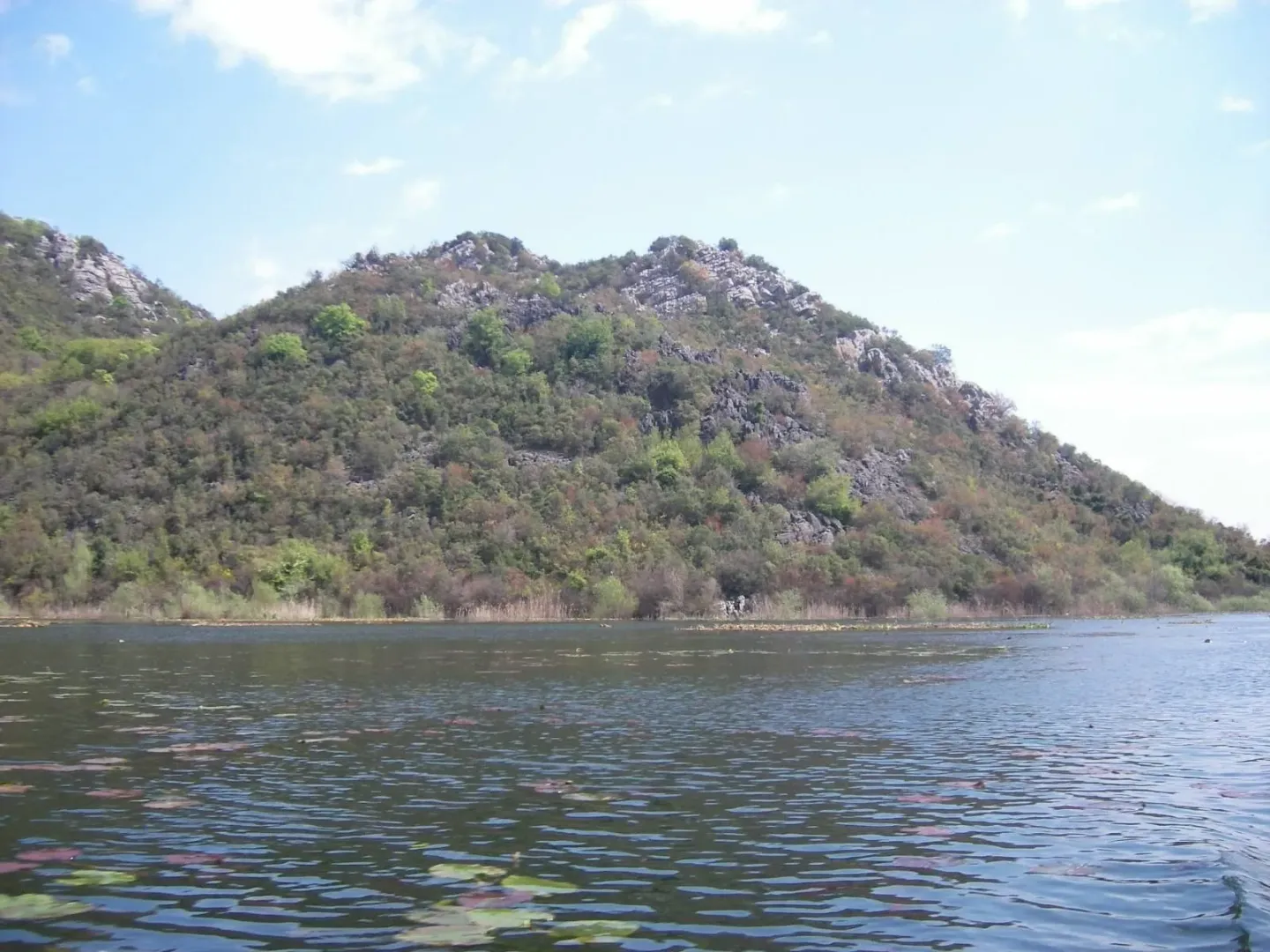 Pogled na jezero i zeleni brijeg u daljini.