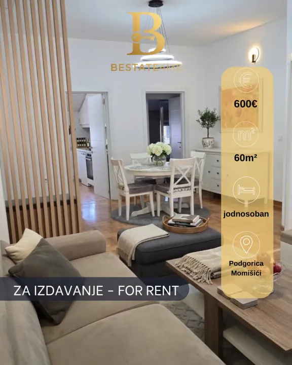 Izdavanje, jednosoban stan, 60m², Momišići, Podgorica