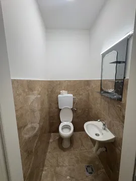 Small bathroom with toilet, washbasin, and mirror. - image 5