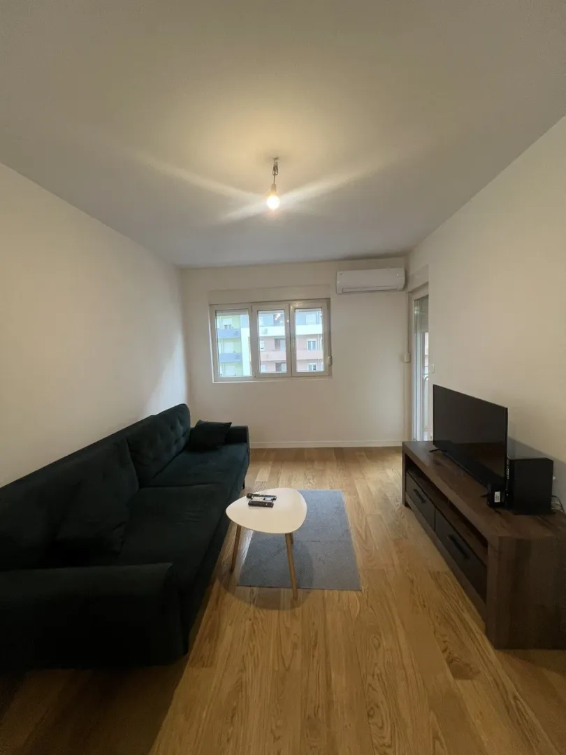 Bright living room with a dark sofa, TV stand, and wooden flooring.