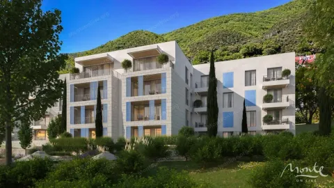 Spoljašnji izgled moderne stambene zgrade okružene zelenilom i brdima. - image 7