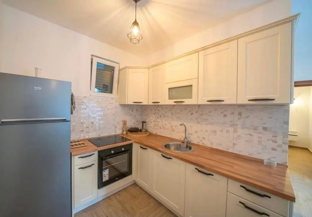 Kitchen equipped with light-colored cabinetry, a wooden countertop, and a refrigerator.