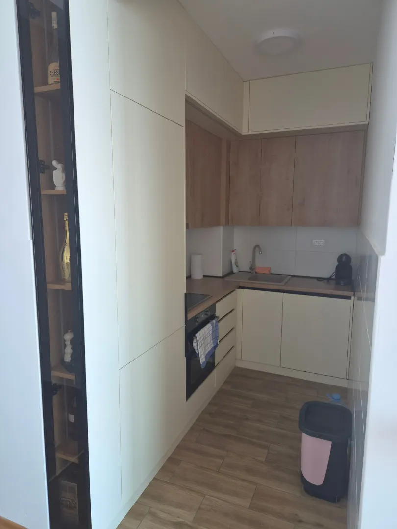 Small modern kitchen with wooden elements and built-in appliances.