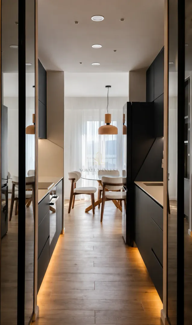 Modern kitchen with dark cabinetry and a dining area in the background.