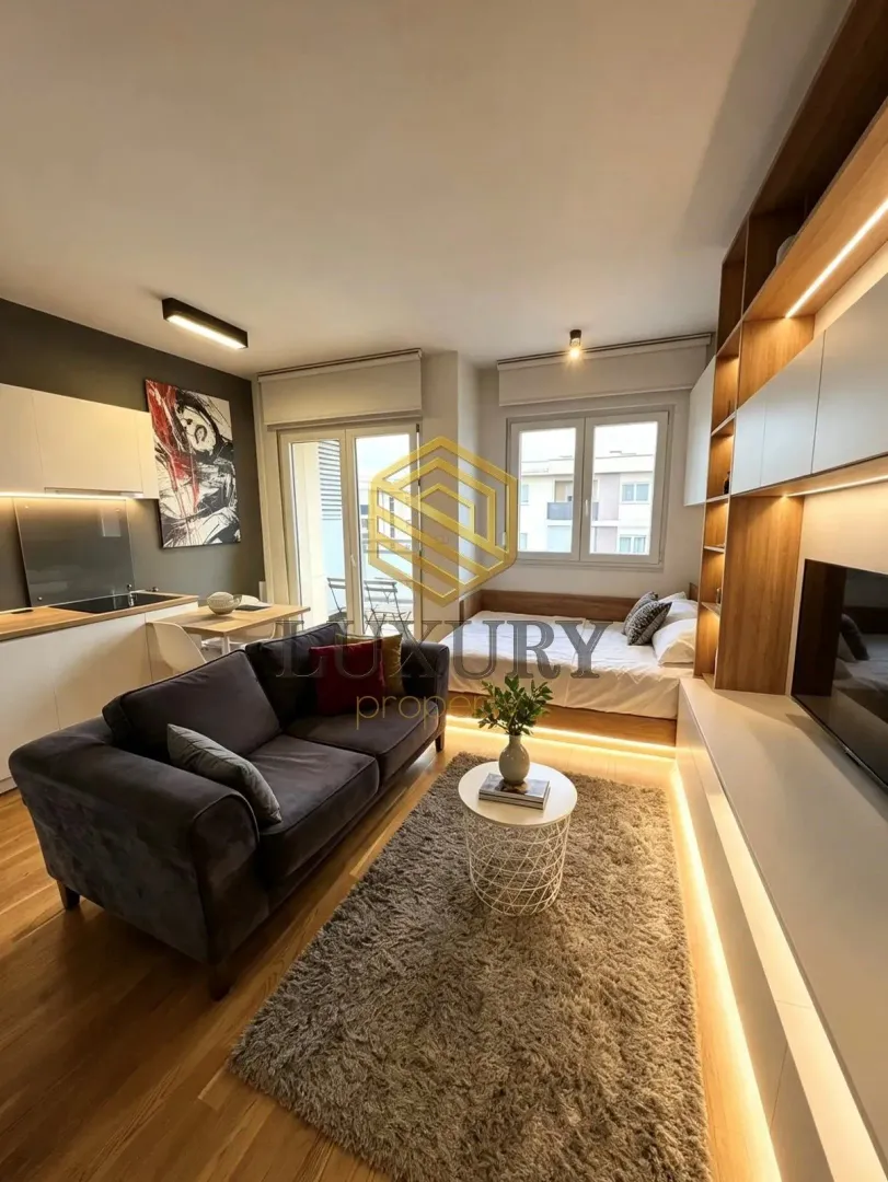 Modern studio apartment with a sofa, bed, and built-in kitchen.