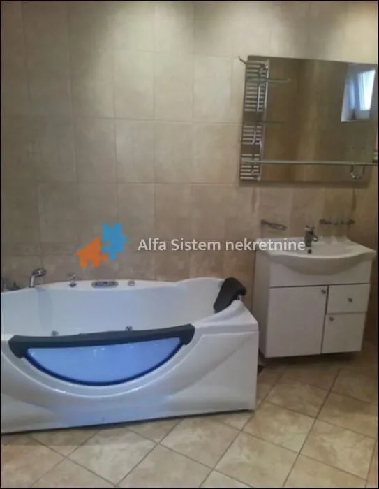 Bathroom equipped with a hydromassage bathtub, vanity unit with sink, and a mirror.