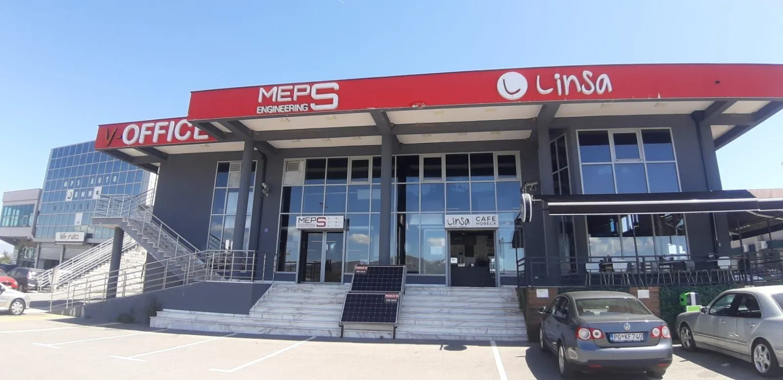 Exterior of a commercial building with parking.