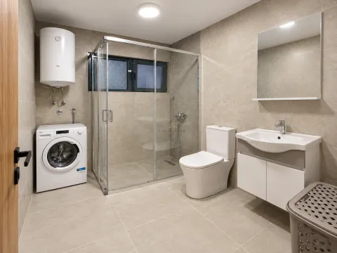 A modern bathroom equipped with a walk-in shower, washbasin, toilet, and washing machine. - image 6