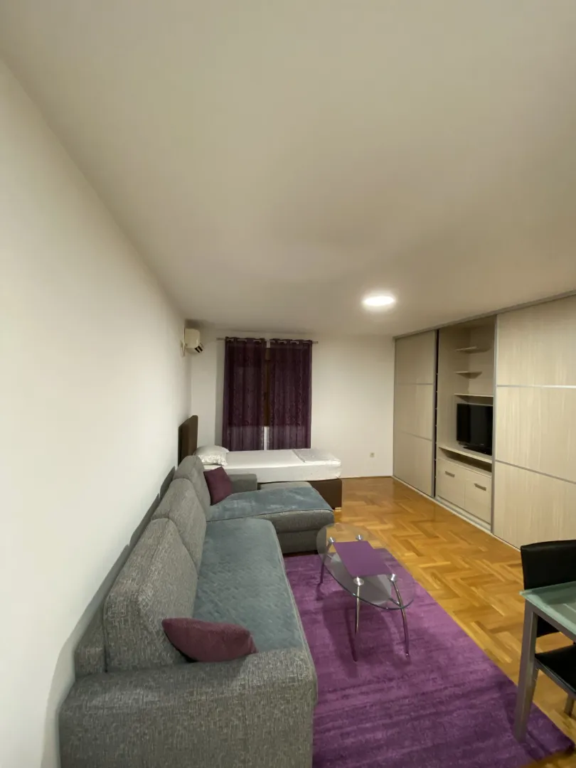 Living room with a grey sectional sofa, purple rug, and a bed in the background.