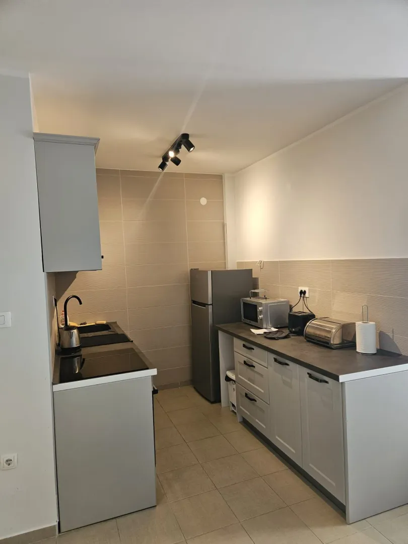 Compact kitchen with grey cabinets and built-in appliances.