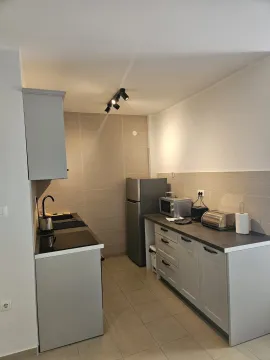 Compact kitchen with grey cabinets and built-in appliances. - image 3