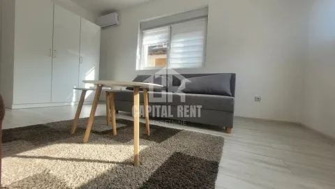 Dnevna soba sa sivom sofom, stočićem, ormarom i klima uređajem. - image 2
