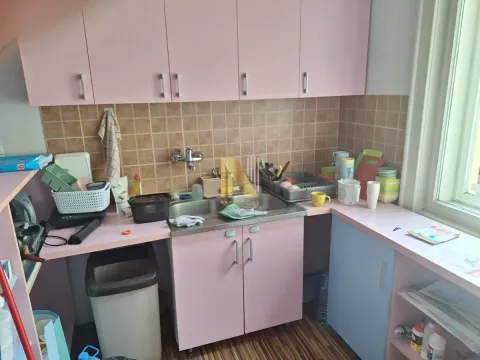 Small kitchen with a sink, countertop, and pink wall cabinets. - image 7