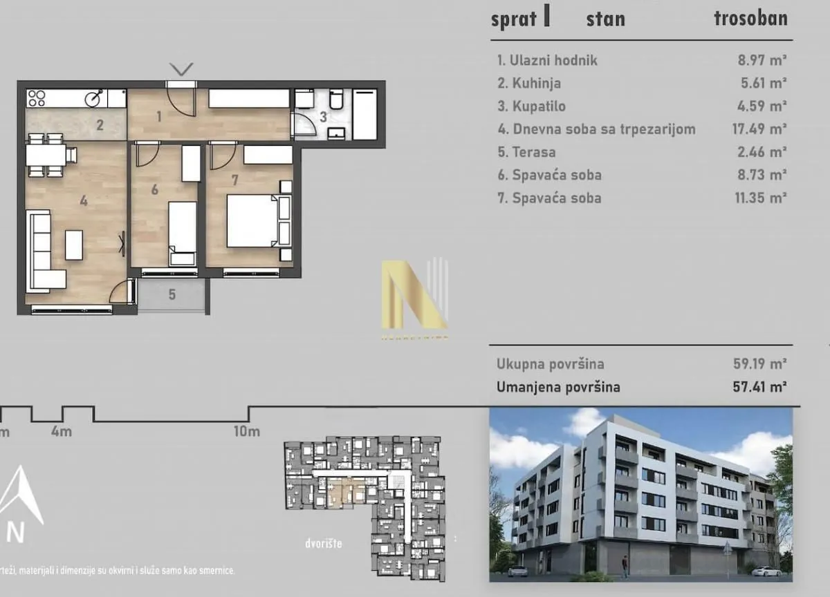 Osnova stana sa rasporedom prostorija i površinama.