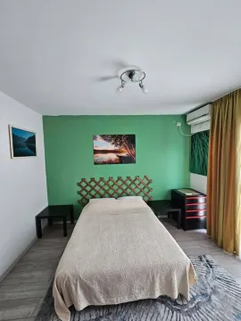 Furnished bedroom with a double bed, green feature wall, and air conditioning. - image 10