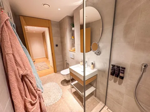 Moderne kupatilo sa tuš kabinom, umivaonikom i wc šoljom. - image 9
