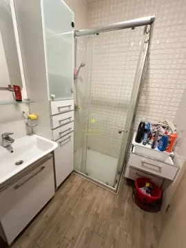 Manje kupatilo sa tuš kabinom, umivaonikom i bijelim elementima. - image 8