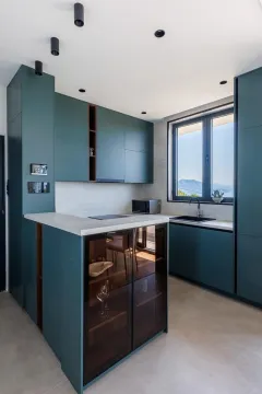 Modern kitchen with dark green cabinetry and a sea view. - image 10