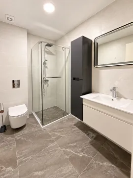 Moderne kupatilo sa tuš kabinom, umivaonikom i ugradnim ormarićem. - image 13
