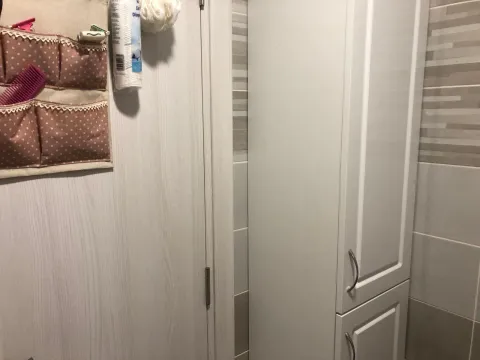 Part of a bathroom with a white cabinet and a wall organizer on the door. - image 14