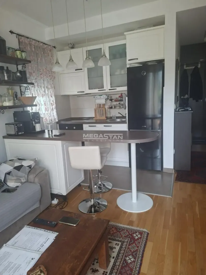 Small kitchen with a breakfast bar and dining table integrated into the living room.