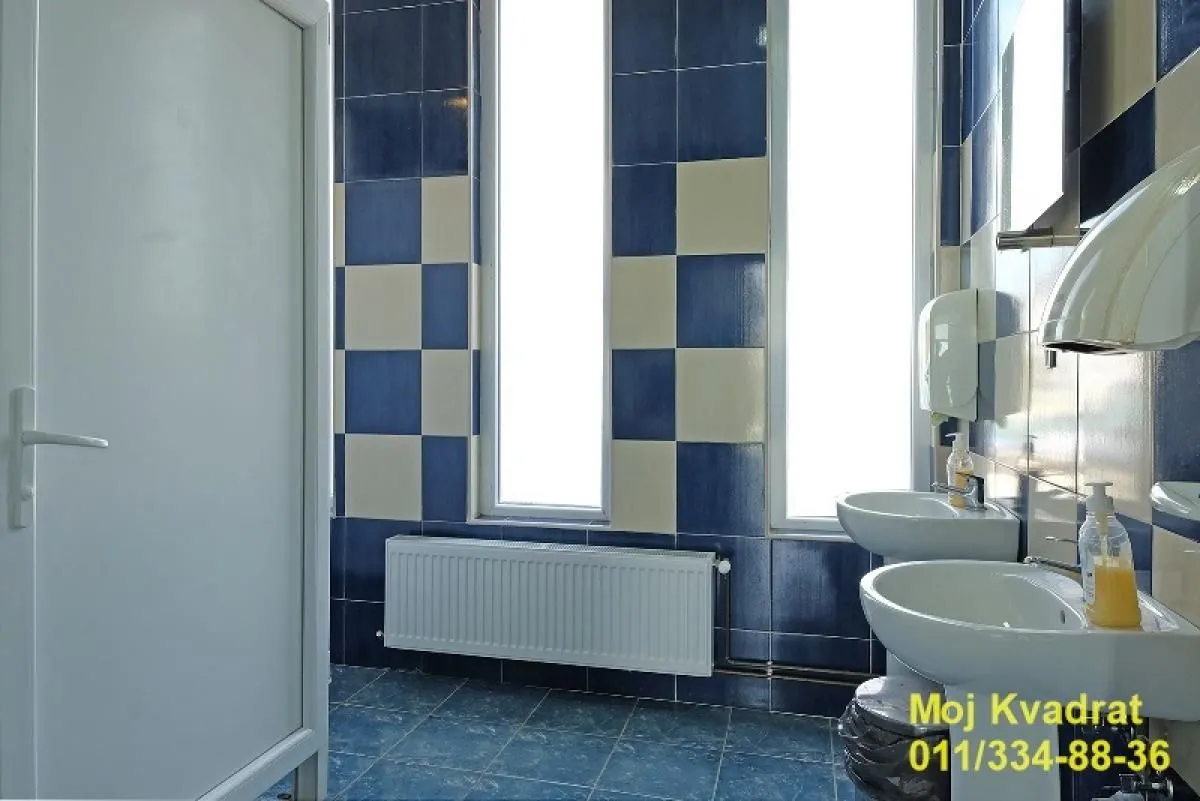 Bathroom with blue and white tiles and two washbasins.