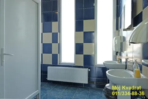 Bathroom with blue and white tiles and two washbasins. - image 13