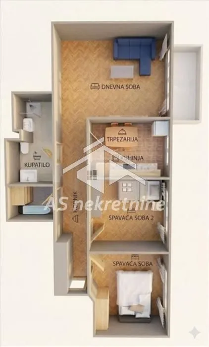 Three-dimensional floor plan of the apartment showing room layout and furniture.
