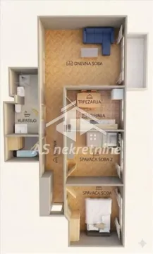 Three-dimensional floor plan of the apartment showing room layout and furniture. - image 12