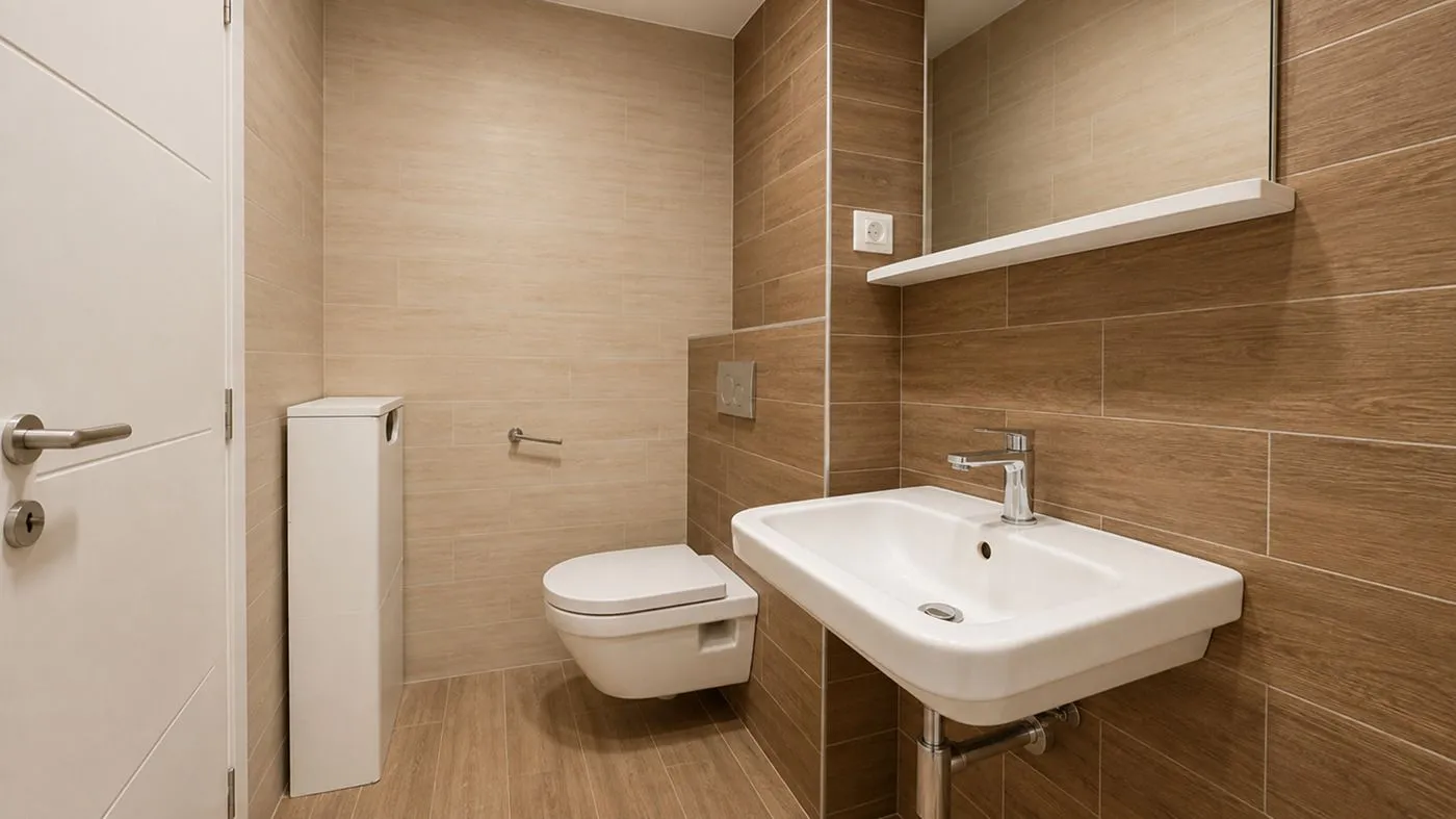 Moderno opremljeno kupatilo sa umivaonikom i WC šoljom.