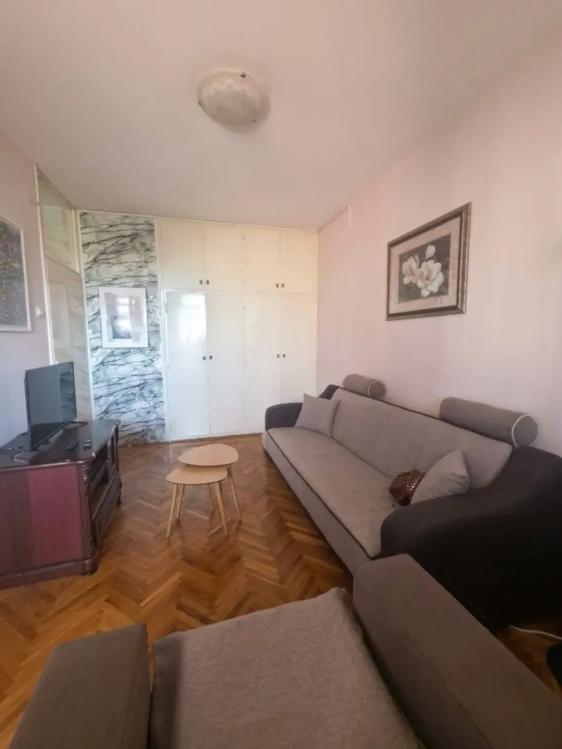 Living room with a sofa, TV, and wooden flooring.