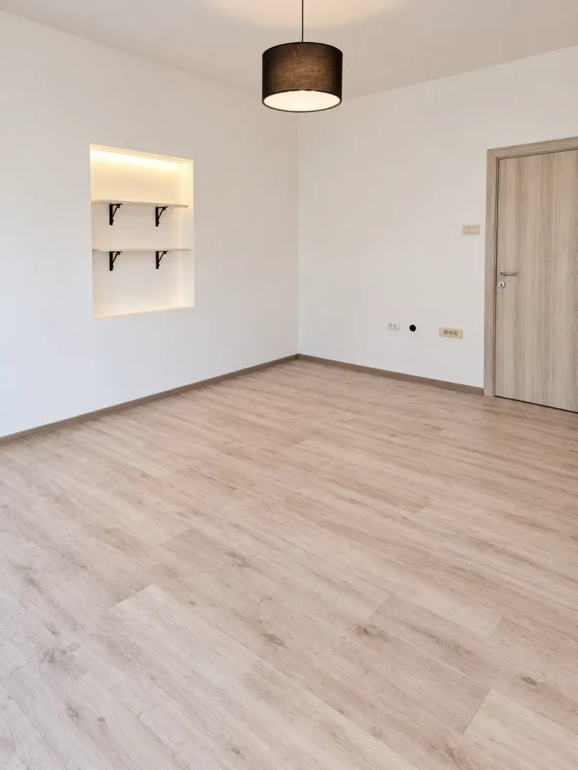 Empty room with laminate flooring, built-in shelves, and a wooden door.