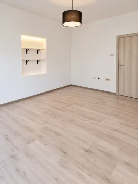 Empty room with laminate flooring, built-in shelves, and a wooden door. - image 9