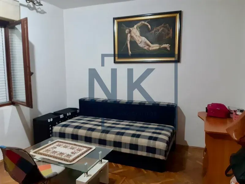 Dnevni boravak sa trosjedom na rasklapanje, stočićem i slikom na zidu.