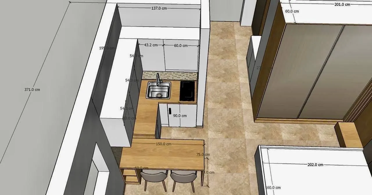 3D render kuhinje sa dimenzijama i rasporedom elemenata.