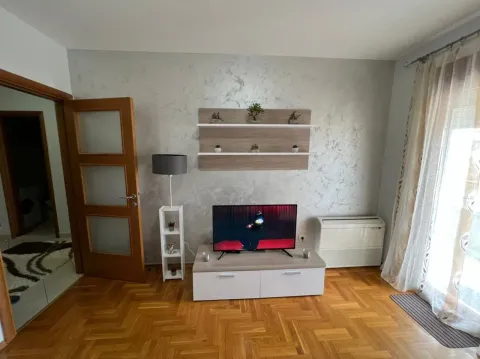 Dnevna soba sa drvenim podom, TV komodom i dekorativnim policama. - image 5