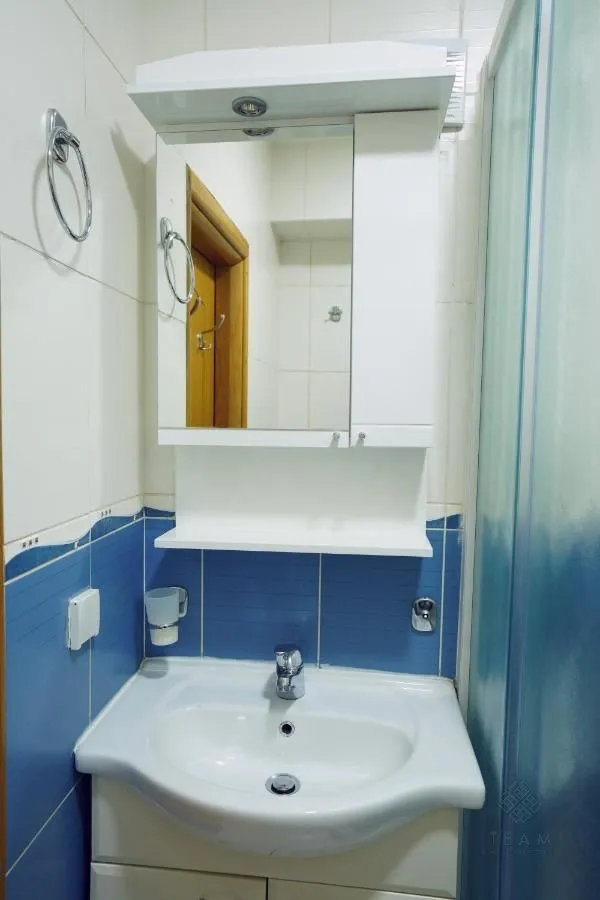 Bathroom with a sink, mirror, and blue tiles.