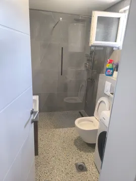 Modernly equipped bathroom with a walk-in shower and washing machine. - image 4