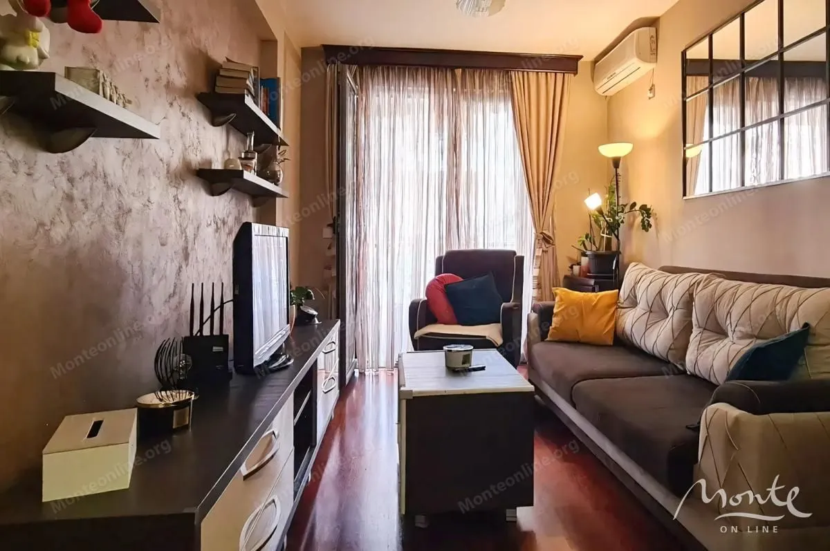 Furnished living room with a sofa, TV, and access to the terrace.