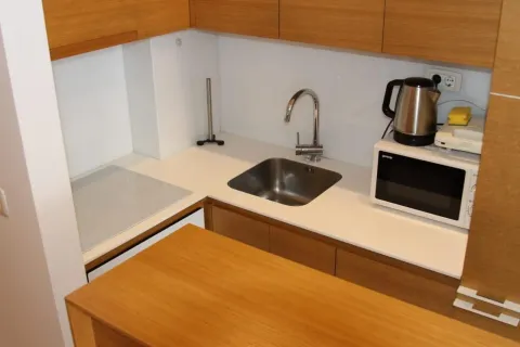 Smaller kitchen with wooden cabinets and a built-in cooktop. - image 12