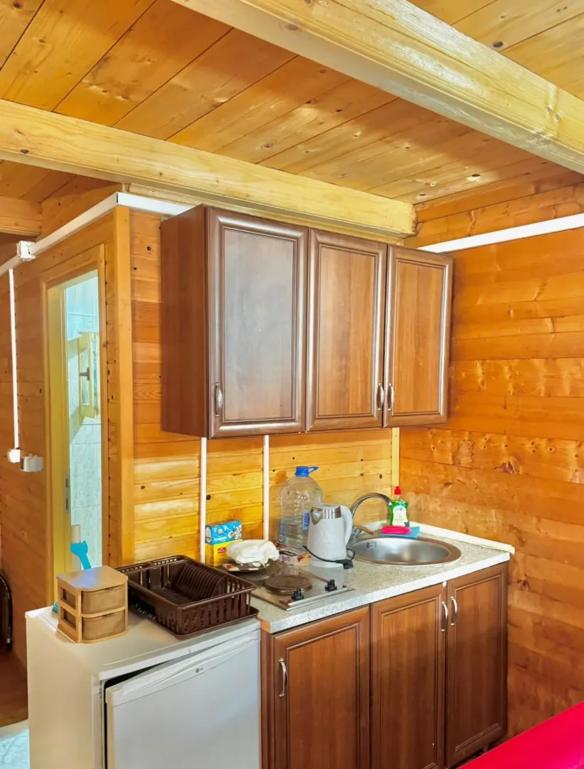 Wooden kitchen with cabinets and a sink in a cottage.