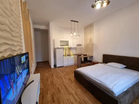 Spavaća soba sa bračnim krevetom, televizorom i kuhinjskim kutkom. - image 9
