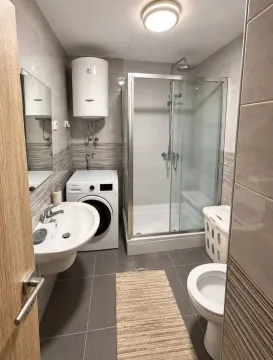 Savremeno opremljeno kupatilo sa tuš kabinom, umivaonikom i veš mašinom. - image 6