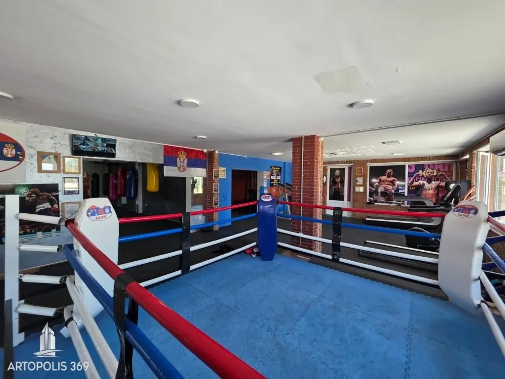 Interior of the gym with a boxing ring and fitness equipment.