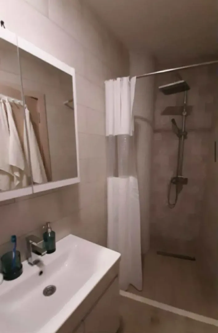 Small bathroom with a sink, mirrored cabinet, and shower enclosure.