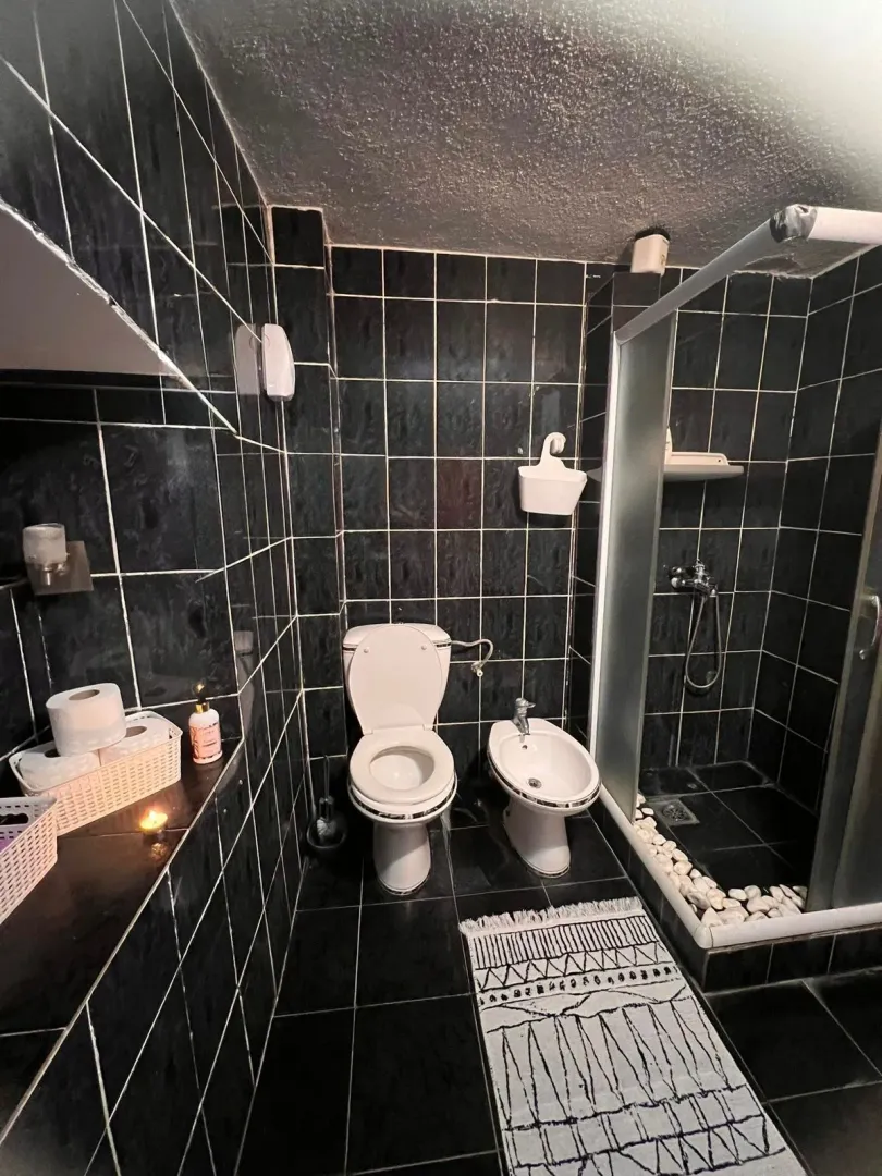 Kupatilo obloženo tamnim pločicama sa tuš kabinom, WC šoljom i bideom.