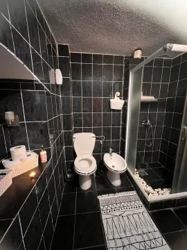Kupatilo obloženo tamnim pločicama sa tuš kabinom, WC šoljom i bideom. - image 12