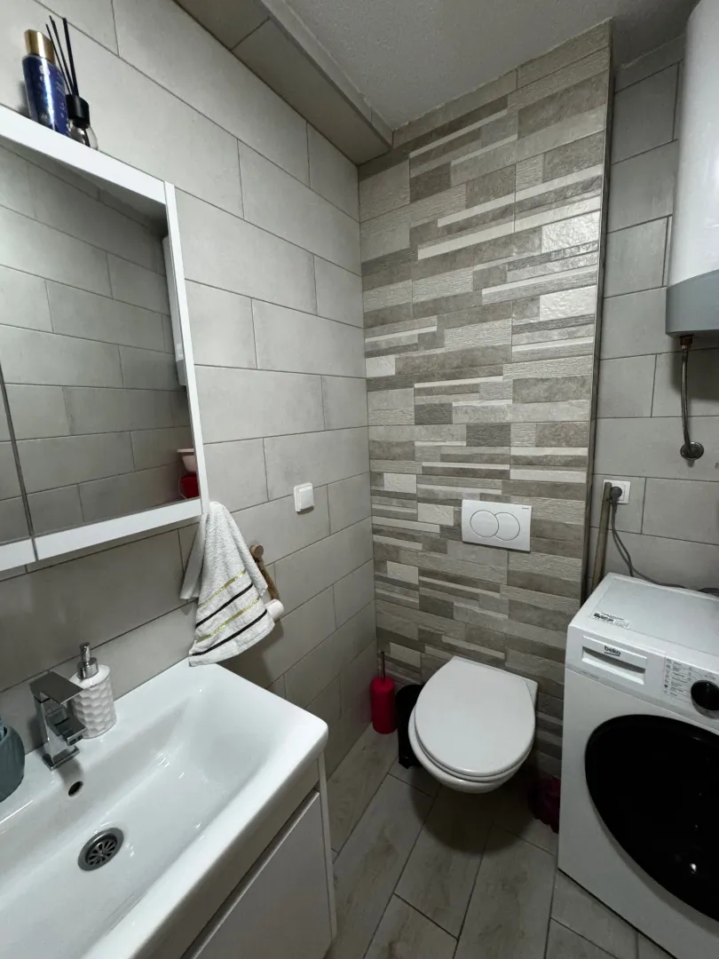 Bathroom equipped with a washbasin, toilet, and washing machine.